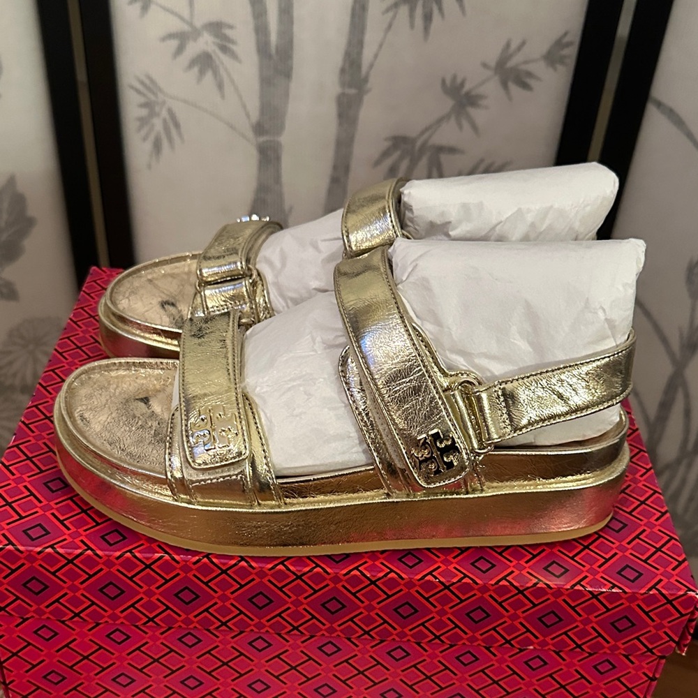 NWB Tory Burch Gold Kira Double-Strap Platform Sandals w/dust bag